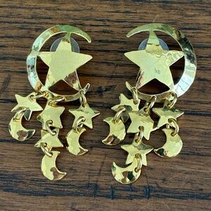 Vintage Hammered Goldtone Moon and Stars Dangle Earrings